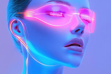 Fototapeta premium Futuristic portrait of a woman wearing glowing sunglasses with vibrant neon colors in a modern setting