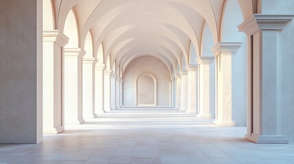 Obraz premium Sunlit arched hallway with columns and high ceilings.