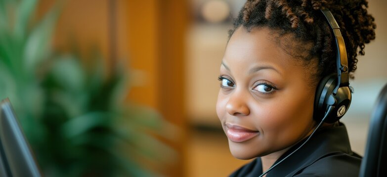 Customer service representative wearing headphones, focused on assisting clients, showcasing professionalism and engagement in a modern office environment, copy space for text