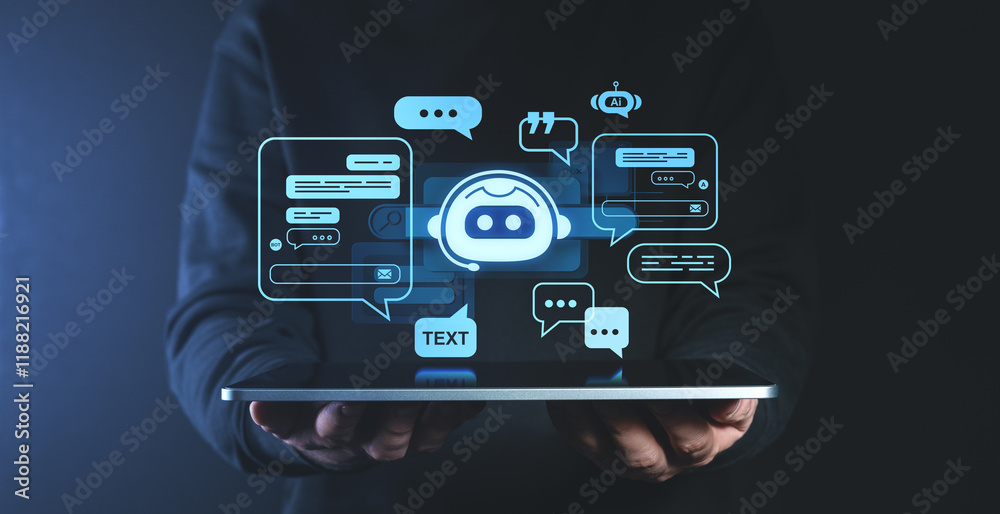 Poster chatbot interface hovering above tablet in dark background.
