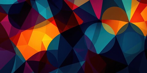Abstract geometric shapes with overlapping layers in vibrant colors of blue, red, orange, yellow, and purple.