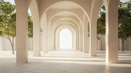 Sunlit arcade with trees, arches, columns, pathway.
