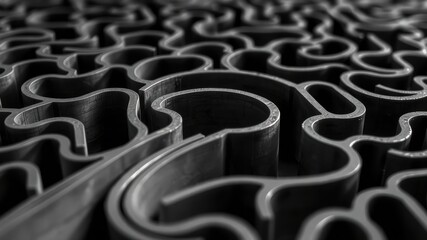 Obraz premium Abstract Metallic Labyrinth A close-up view of a complex and intricate metal maze, showcasing the intricate design and the interplay of light and shadow.
