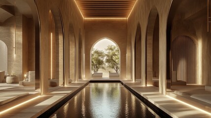 Serene indoor pool in a minimalist spa with arched architecture and natural light.