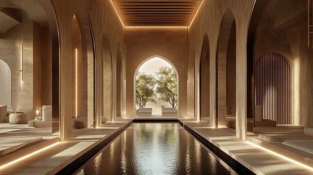Serene indoor pool in a minimalist spa with arched architecture and natural light.