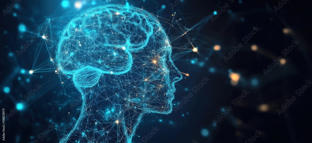 Poster digital brain visualization with neural connections and light effects representing artificial intell