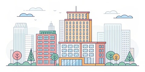 Obraz premium cute office building with city scape, illustration background
