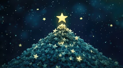 A pyramid arrangement of blue three-dimensional stars set against a light teal background,