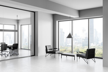 Modern office interior with large windows overlooking the cityscape, featuring minimalist furniture and a clean, open design concept. 3D Rendering
