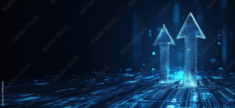 Poster Digital upward arrows symbolizing growth, progress, and technology in a futuristic data landscape with glowing lines and binary code, copy space for text