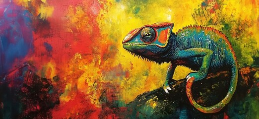 Vibrant Chameleon on Colorful Background, Detailed Texture, Bright Colors, Artistic Representation of Reptile, Nature Inspired Art, copy space for text