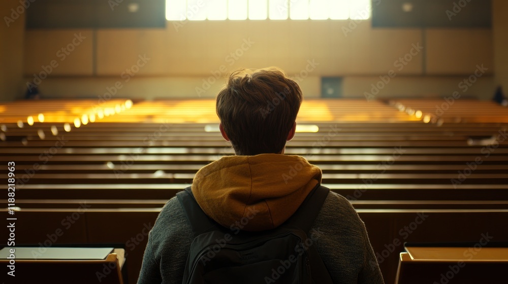 Poster Student contemplating in a large lecture hall