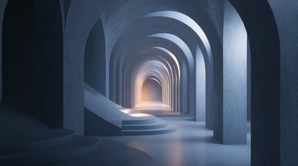 Obraz premium Abstract architectural hallway with arches, light at end.