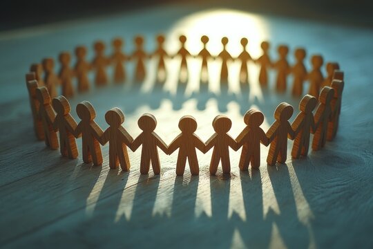 Wooden circle of human figurines symbolizing unity and teamwork