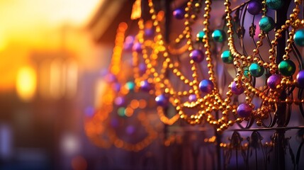 Mardi Gras festival in New Orleans with beads and masks, golden hour lighting, light background with space on the left side of the frame,generative ai illustration