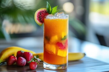 Refreshing tropical drink garnished with fresh fruits in a bright setting