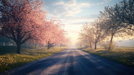 Serene Spring Road Lined with Blossoming Trees