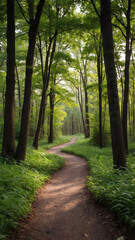 Fototapeta premium Winding path through a sun-dappled forest. Lush green foliage and tall trees create a serene atmosphere.