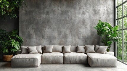 Sofa in loft living room with plants by window.