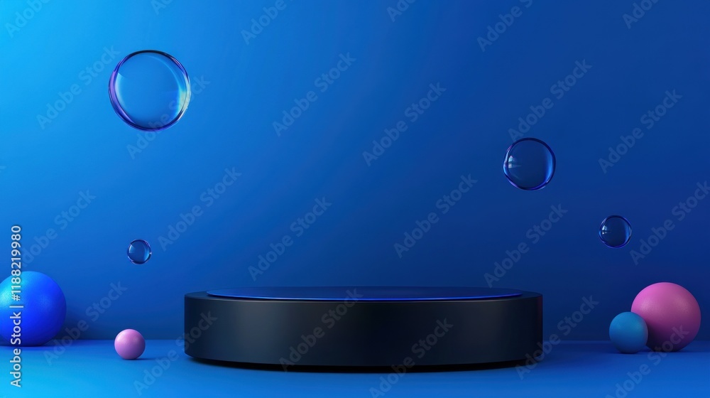 Poster Abstract Blue Background With Floating Bubbles And Platform