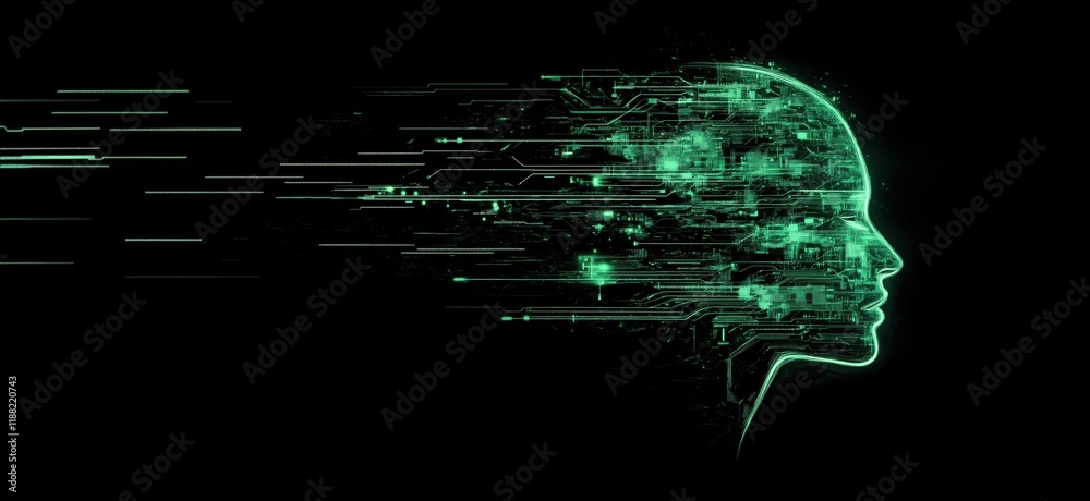 Poster digital silhouette of human head with circuit patterns and glowing green elements representing artif