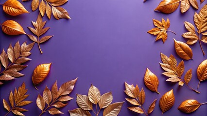 Pattern of dry orange metallic leaves on violet background , floral arrangement, metallic,  floral arrangement, metallic