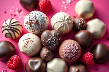 Obraz premium Assortment of fine chocolate candies, white, dark, and milk chocolate sweets background and chocolate day.