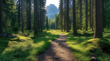Fototapeta premium Sunlit Forest Path Leading to Majestic Mountain