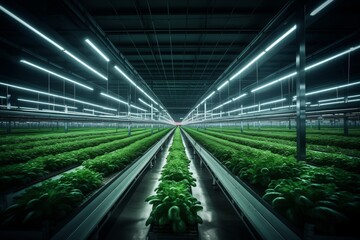 Fototapeta premium Vibrant indoor greenhouse filled with lush green plants under bright fluorescent lights, showcasing modern agriculture.
