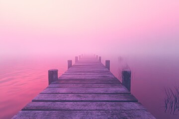 Obraz premium Misty sunrise over a calm lake with a wooden pier