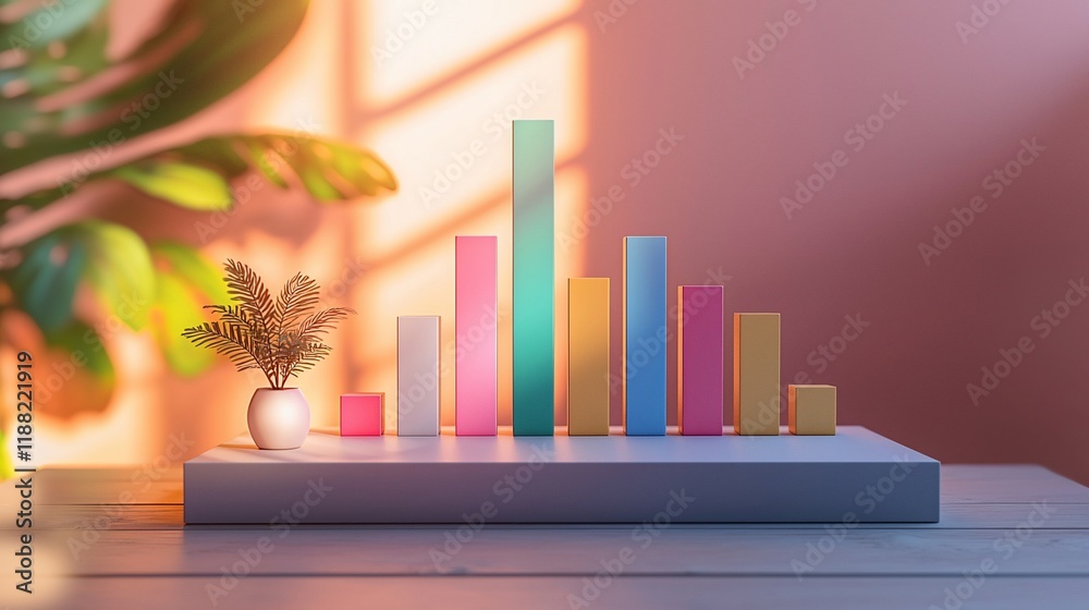 Poster colorful bar graph on a table with plant.