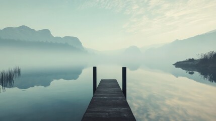 Serene Misty Lake Pier Landscape With Mountains