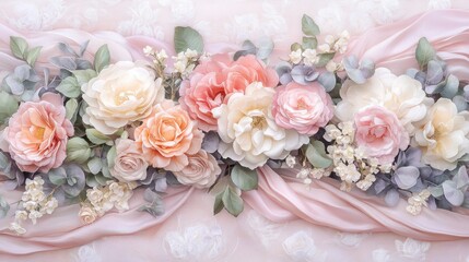 Obraz premium Elegant Pastel Roses on Pink Silk Drape: A Floral Masterpiece