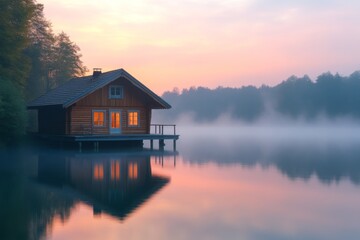 Obraz premium Cabin on a lake surrounded by mist at sunrise