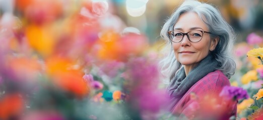 Portrait of mature woman with gray hair in vibrant flower garden, showcasing beauty and serenity amidst colorful blooms, copy space for text