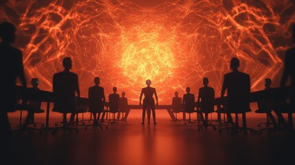Fototapeta premium Silhouette of Business People with Abstract Orange Background