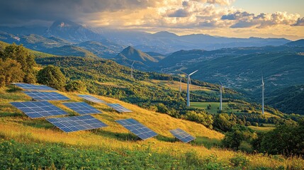 Solar panels and wind turbines on hillside at sunset, mountain valley view.