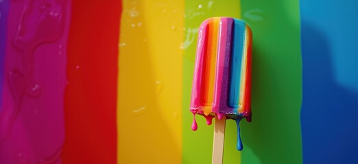 Fototapeta premium Colorful rainbow popsicle melting against vibrant rainbow background, showcasing bright hues and playful summer vibes, copy space for text