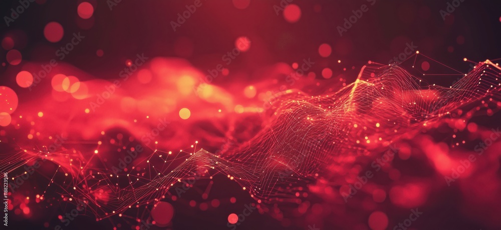 Poster Abstract red wave patterns with glowing particles and lines creating a dynamic digital landscape, copy space for text