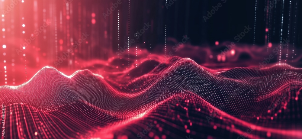 Poster Digital landscape with flowing red waves and glowing particles, representing data visualization and technology concepts, copy space for text