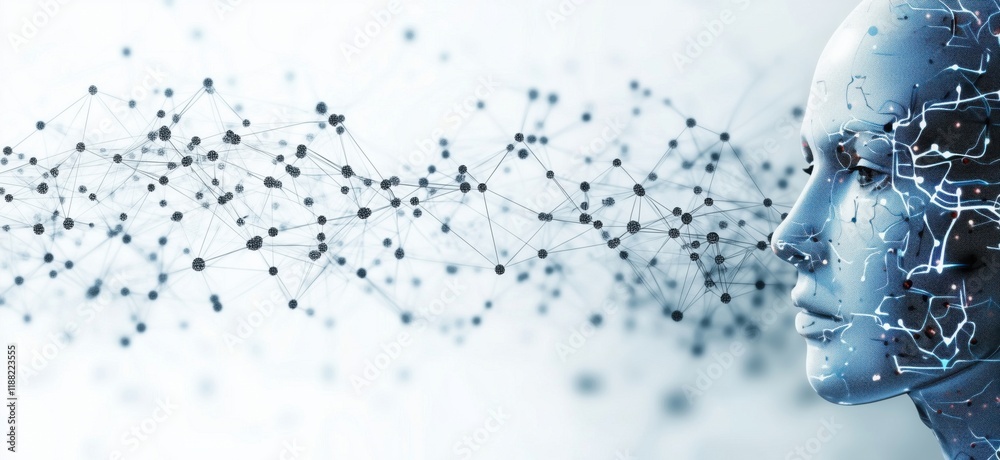 Poster artificial intelligence concept with human-like face and neural network connections representing adv