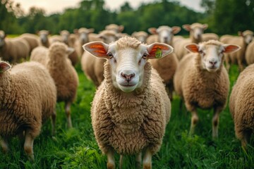 Naklejka premium Sheep grazing on a lush green field in the countryside