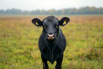 Black calf standing on a green pasture with a cloudy sky in the background
