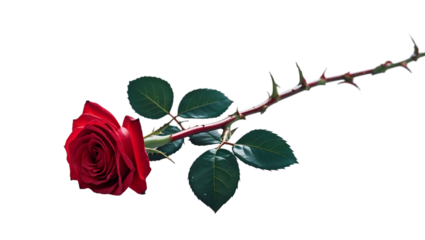 This image presents a dramatic close-up of a single, deep red rose, its velvety petals richly colored and elegantly unfurled.