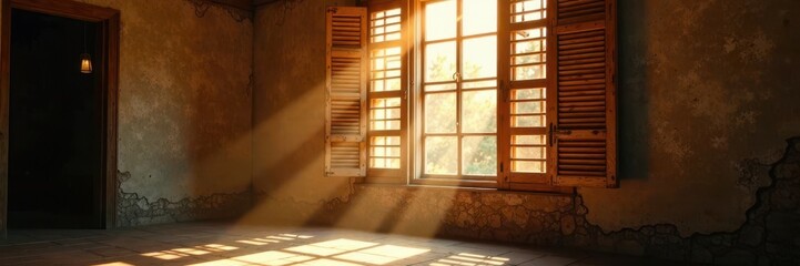 Soft warm light streaming through old wooden shutters filtering the atmosphere, vintage, decor