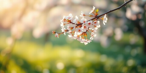 Obraz premium Delicate Branch of White Blossoms Against a Soft, Blurred Background of Green and Gold Tones