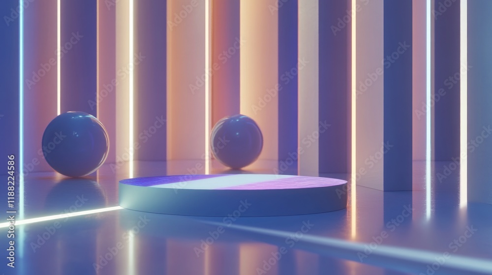 Poster abstract cylindrical platform with illuminated walls and spheres