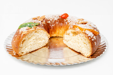 View of the Spanish dessert called Roscon de Reyes, which is typical in Spain on January 6th
