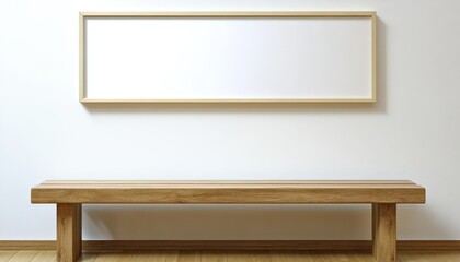 Wooden Bench and Blank Frame on White Wall