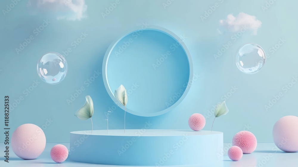 Poster pastel blue minimalist display with floating bubbles and plants